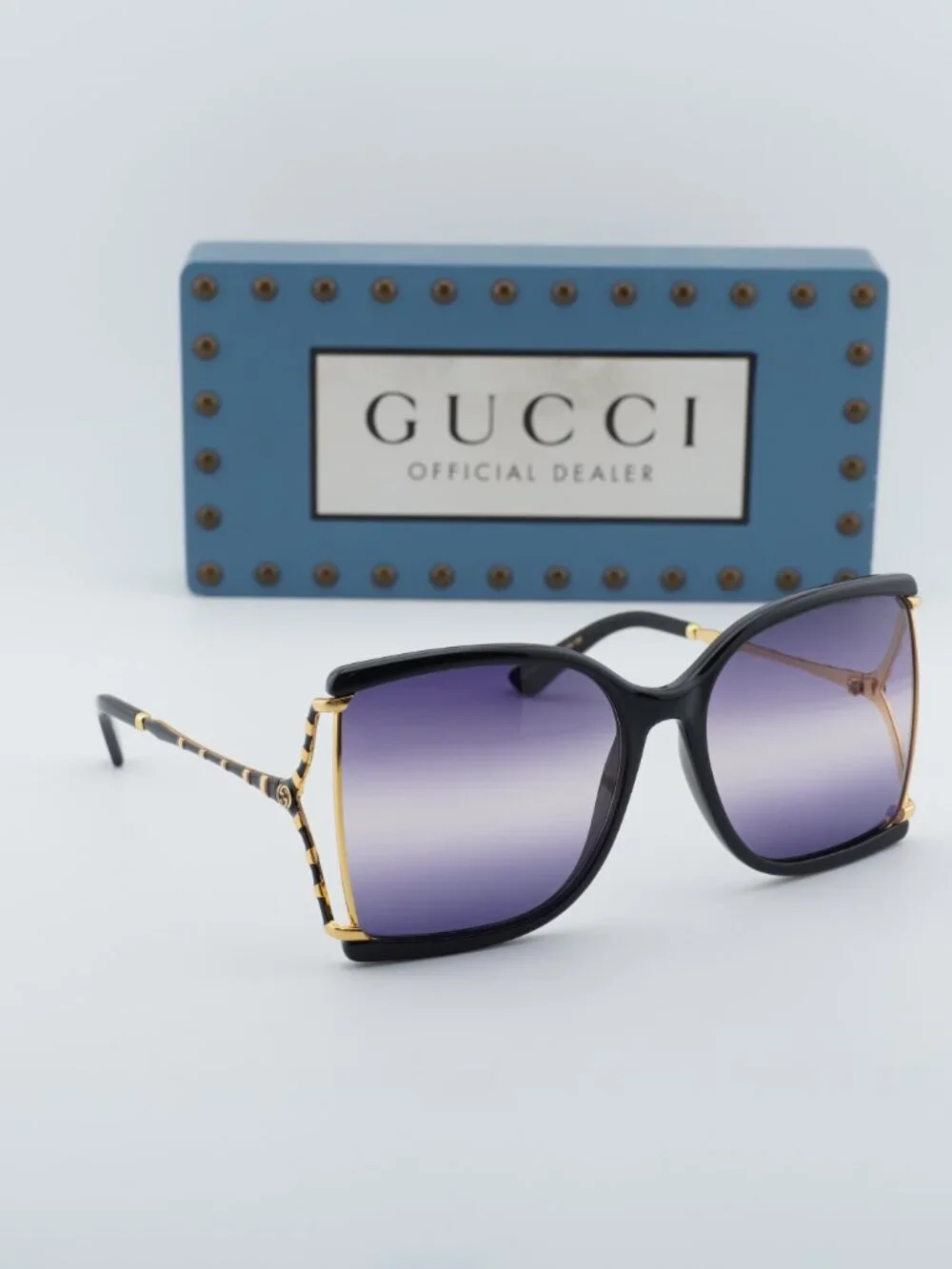Gucci GG0592S 002 Square Sunglasses - Black / Gold / Smoke Gradient